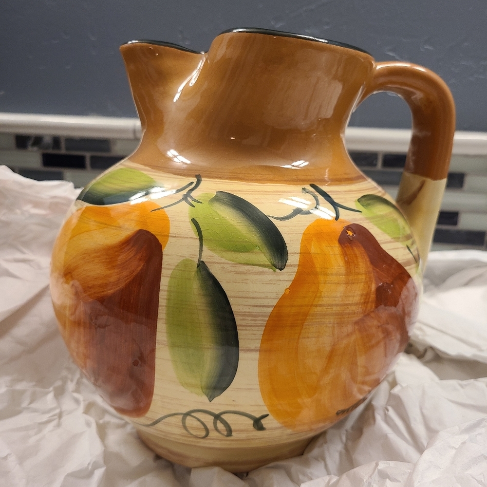 Crate & Barrel Hand Painted Fall Fruit Sienna Pitcher
